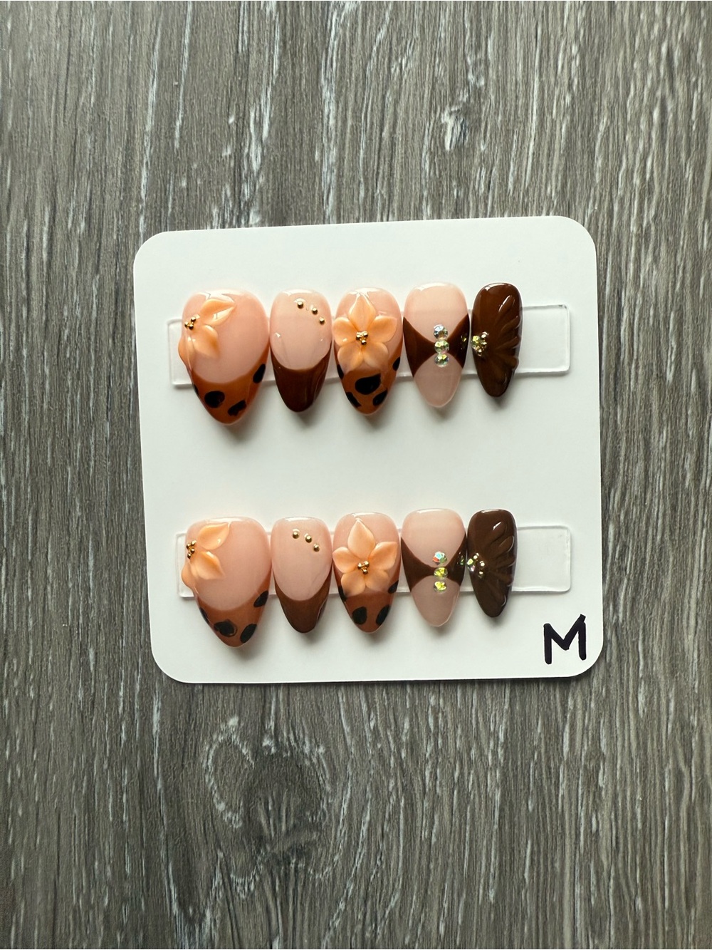 Peach & Brown Floral Accent Press-On Nails with Rhinestones